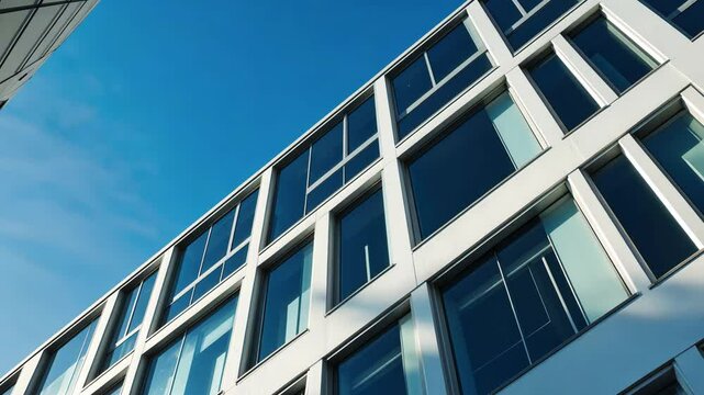 Modern office building exterior showcasing a glass window facade set against a clear sky background. Office structure. Detail of the facade of a contemporary design.