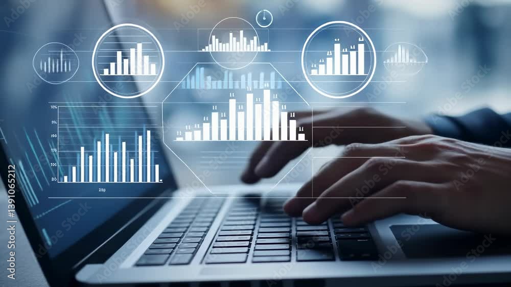 Poster Close-up hands typing laptop displaying data analytics graphs , charts. The conveys themes business intelligence, data analysis, , financial insights, indicating strategic decision-making.