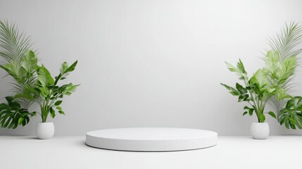 Empty white pedestal with tropical plants