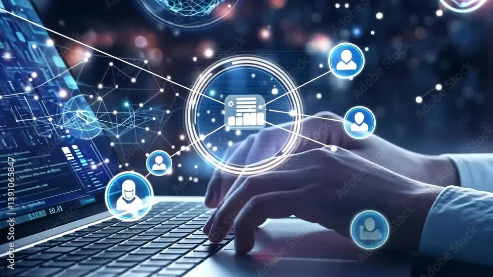Poster a person's hands type on laptop, screen displaying data , digital icons, suggesting data analytics, 