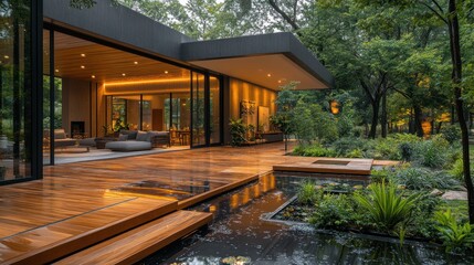 Fototapeta premium Modern home exterior with wooden deck, water features, and lush garden
