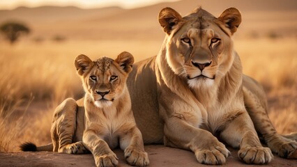 Obraz premium A lioness stands protectively beside her cub in tall