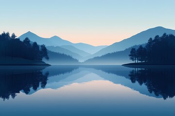 Naklejka premium Breathtaking Landscape Photography: Serene Lakeview with Nature Reflections Amidst Misty Mountain Range at Dawn
