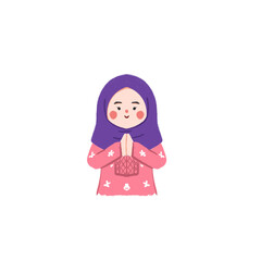 Smiling Girl in Purple Hijab and Pink Sweater, Hands Pressed Together in Greeting