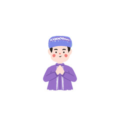 Smiling Boy in Lavender Traditional Headwear and Clothing, Hands Pressed Together in Greeting