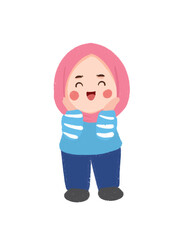 Joyful Cartoon Girl in Pink Hijab and Striped Sweater