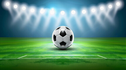 Soccer ball on a vibrant green field illuminated by bright stadium lights, showcasing the excitement of the game, sports concept