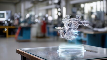 3D hologram of an engine in futuristic workshop.