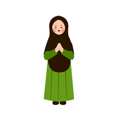 Smiling Girl in Green Abaya and Brown Hijab, Hands Pressed Together in Prayer