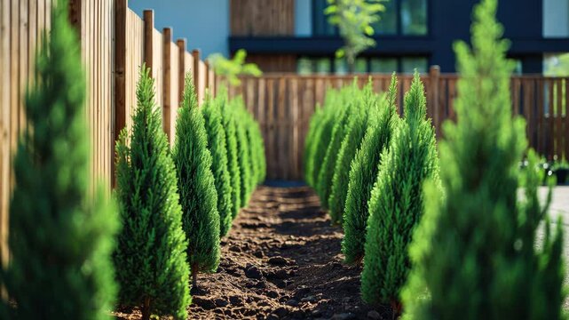 Newly planted junipers near the fence.