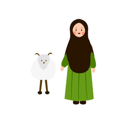 Smiling Girl in Green Abaya with Fluffy White Lamb