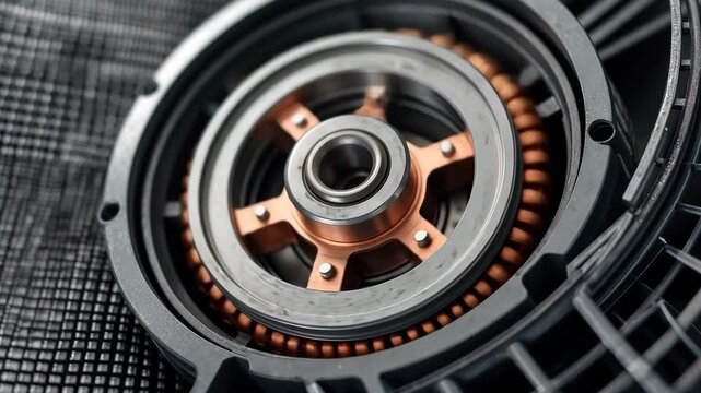 Close-up of electric motor rotor and stator details on a black mesh background, featuring steel ball bearing, copper commutator, and coil wires within drill machine engine's metal laminations on dark