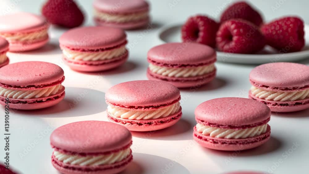Poster collection of sweet raspberry macarons on a background. clipping path. full depth of field.
