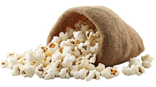Popcorn spilling from a burlap sack on a black background