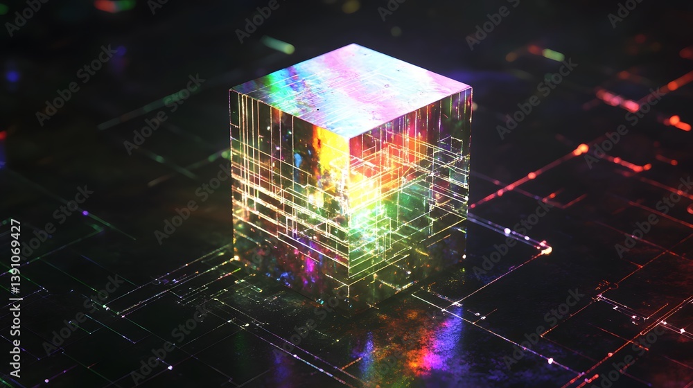 Poster a translucent cube with a complex grid pattern and colorful reflections