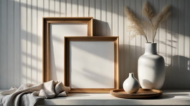 Mockups showcasing portrait and square vacant wooden frames adorned with linen fabric and modern ceramic vases. Set against a backdrop of white beadboard wainscot wall paneling. Interior decor, home