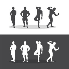 Vector bodybuilding silhouettes. Bodybuilder muscular guy silhouettes.