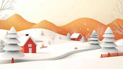 Fototapeta premium Winter Village Landscape, Snow Covered Homes, Pastel Colors, Light Snowfall