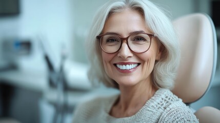 Fototapeta premium Smiling senior woman dentist chair office checkup