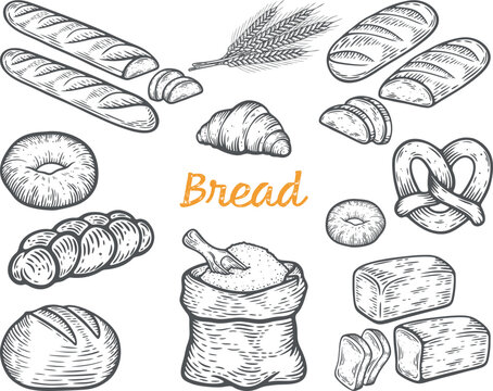 Bread set fresh bakery pastry baguette brick loaf whole cut rye sourdough white wheat flour fresh home baked engraving engraving hand drawn illustration black white isolated vintage line art sketch