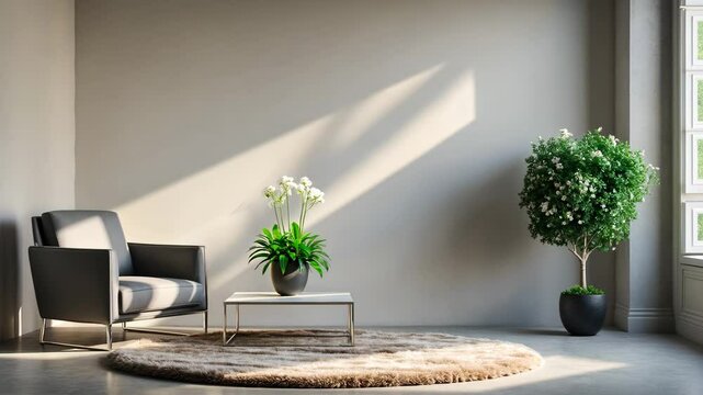 Modern interior design showcasing a luminous, empty mock-up wall and gray furniture, merging loft and vintage aesthetics in the living space. A chair, table with a potted green plant, and a circular