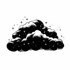 Dreamlike Monochrome Cloudscape: Night Sky Illustration in Black & White Vector Art