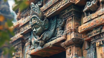 Obraz premium An ancient weathered stone carving of a mythical face