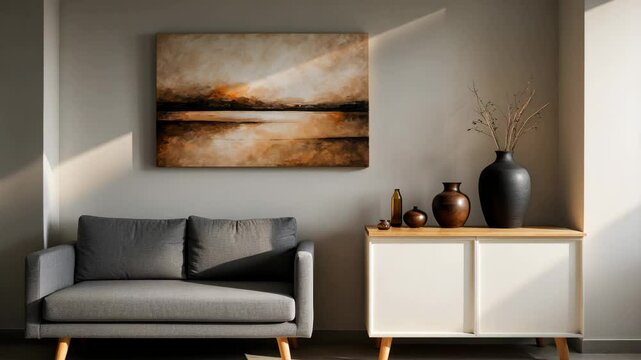 Video showcasing a minimalist living room design with natural wall artwork and a gray sofa next to a cabinet.