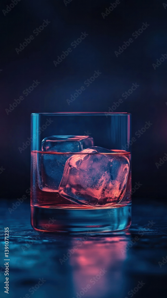 Poster a glass of red liquid with ice cubes in it. the ice cubes are melting and the liquid is a deep red c