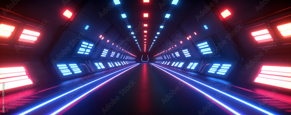 Poster a long, brightly lit tunnel with neon lights. the tunnel is empty and the lights are on, creating a 
