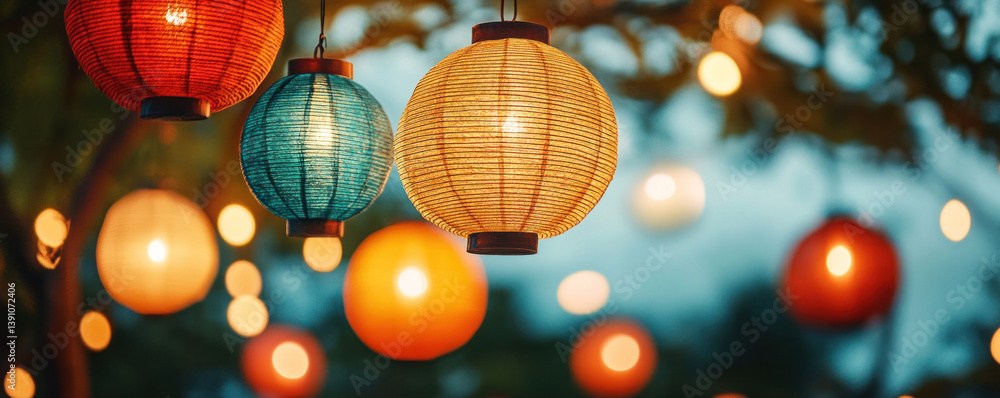 Poster a bunch of colorful lanterns hanging from a tree. the lanterns are of different colors and sizes, cr