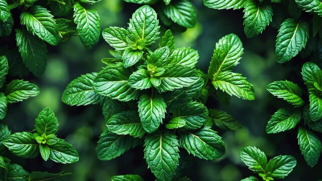 Backdrop of mint leaves. Arrangement of green leaves pattern from above. Growth of plants.