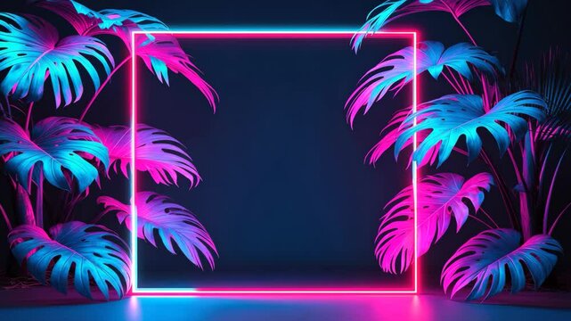 Background design with neon monstera palm leaves.