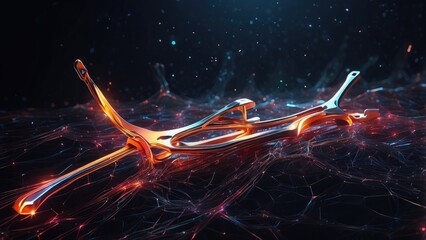 Close-up of a wrench composed of binary code, resting on a circuit board.