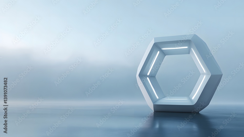 Poster a hexagonal geometric shape with a glowing outline against a gradient background