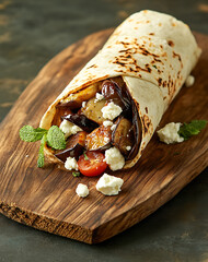 Fresh doner wrap with roasted eggplant, tomato, and feta cheese, offering delicious and satisfying meal that looks incredibly appetizing