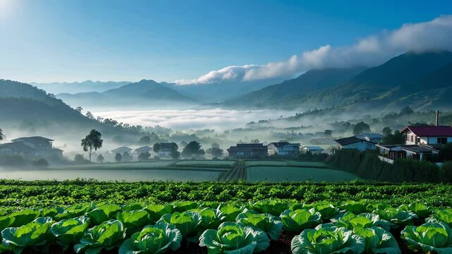 Summer morning view of cabbage fields and village houses in the highlands surrounded by clouds on the mountains.