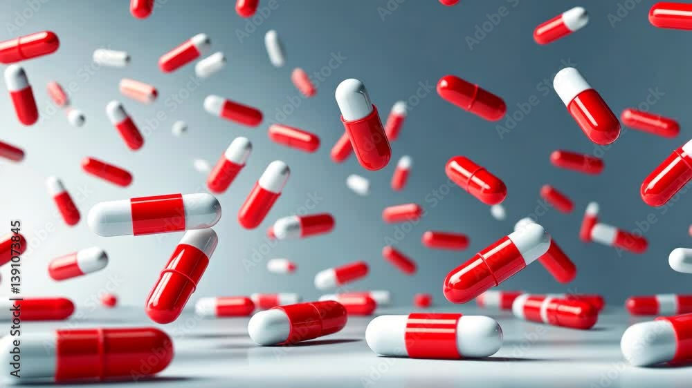 Poster red capsules falling onto a blank backdrop with space for text.