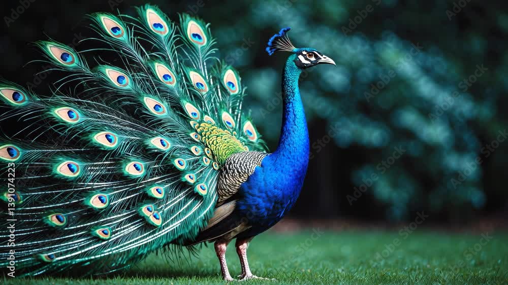 Poster close-up portrait of a beautiful peacock displaying its feathers.
