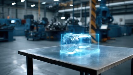 Obraz premium Futuristic hologram of machinery in a modern factory setting.