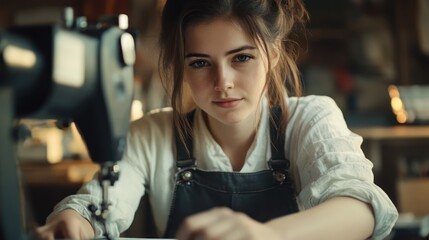 Young woman sewing, workshop, focused, fabric, vintage machine, craft, design,  clothing