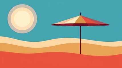 Fototapeta premium A beach scene with a large umbrella and a sun in the background