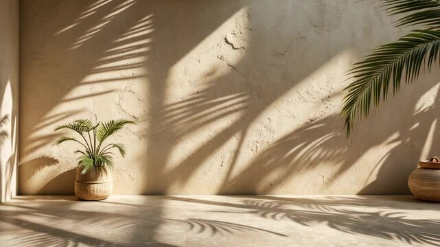 Minimalist product display background showcasing palm shadow on a beige plaster wall. Opulent summer architectural interior design. Bohemian-inspired room for platform stage mockup.
