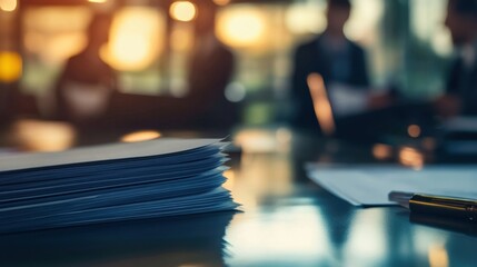 Stack of documents lying on desk during business meeting with blurred businessmen discussing in the background, suggesting a busy and important corporate environment