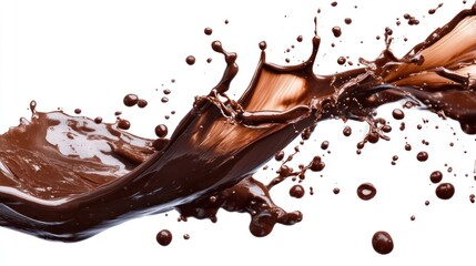 Chocolate splash, liquid flow, white background, studio shot, food advertising