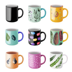 Obraz premium Vibrant Ceramic Coffee Mugs Set for Dining Promotions Transparent Background