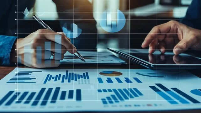 A detailed analysis individuals reviewing financial data presented charts , graphs. A digital tablet is also being used. The setting suggests corporate office environment focused strategic planning.