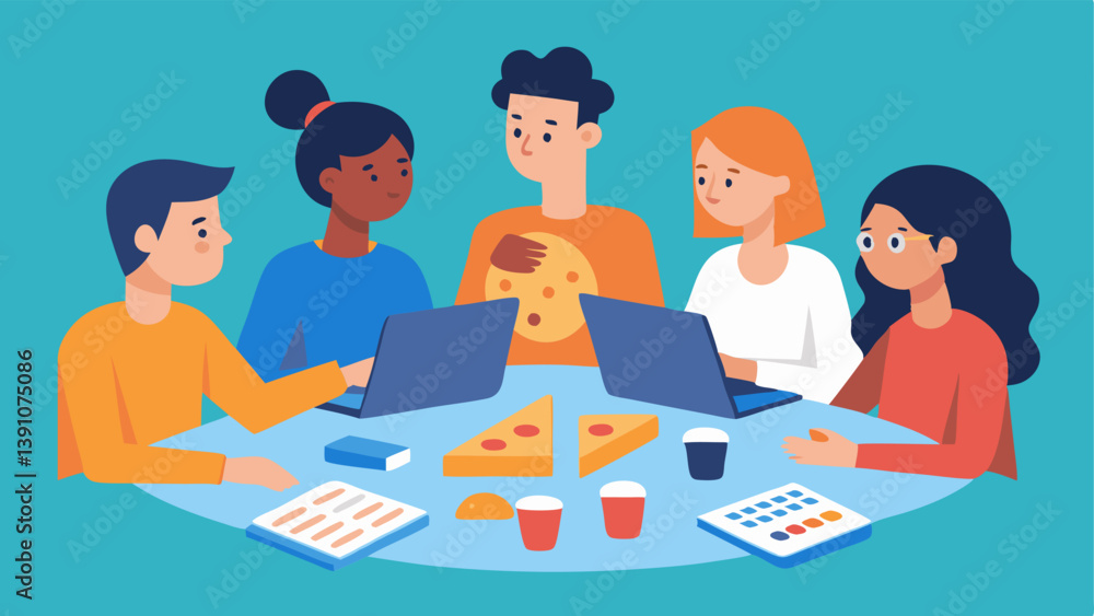 Poster budgeting together a group of millennials sitting around a table with spreadsheets and calculators c