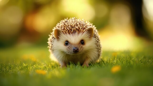 Cute hedgehog strolling grassy field, sunset bokeh background, wildlife pet nature photography