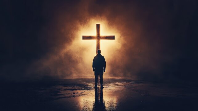 Man silhouette, facing glowing cross, dark night, smoky background, faith concept